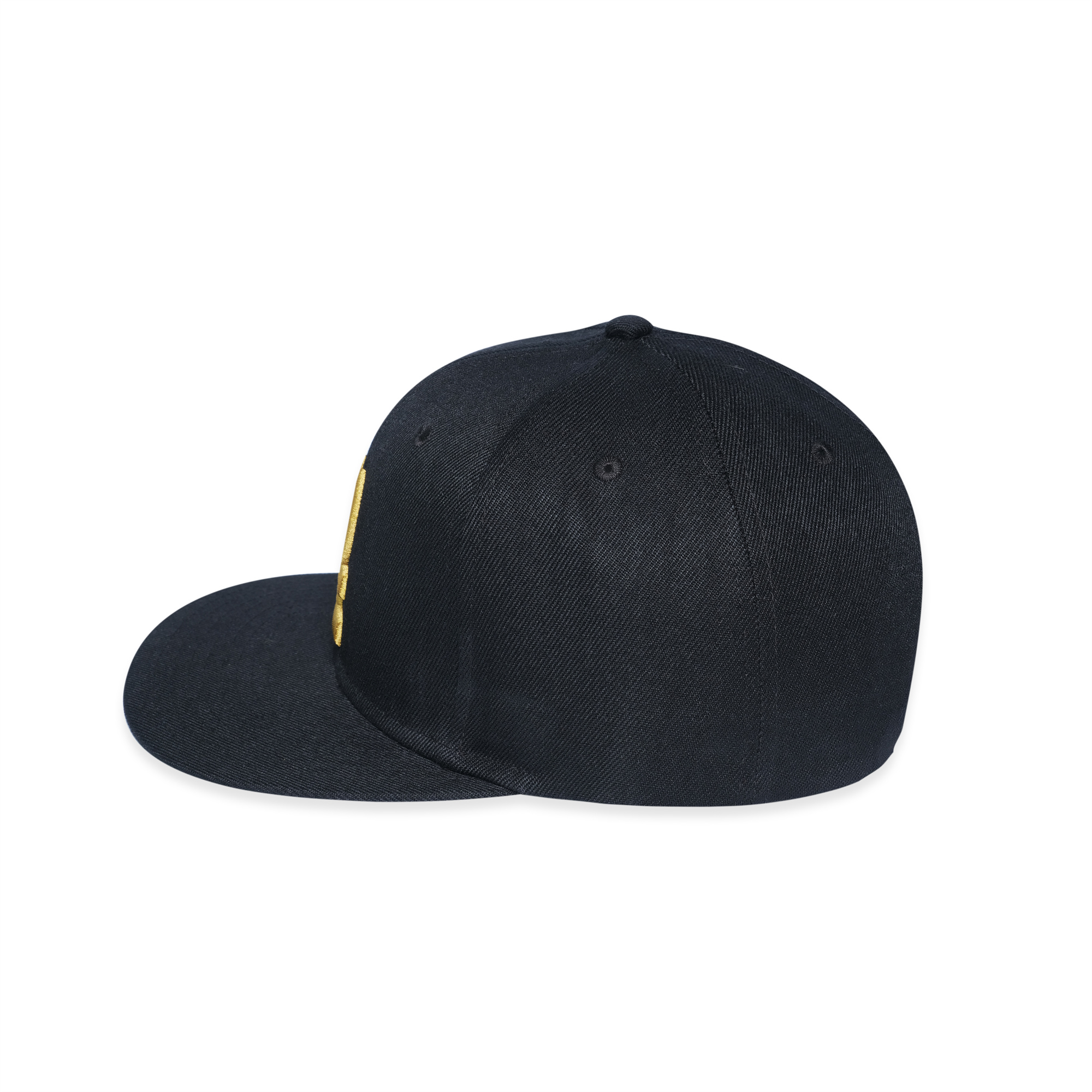 Black 6-Panel Snapback Hat with Bold Gold 3D Embroidery
