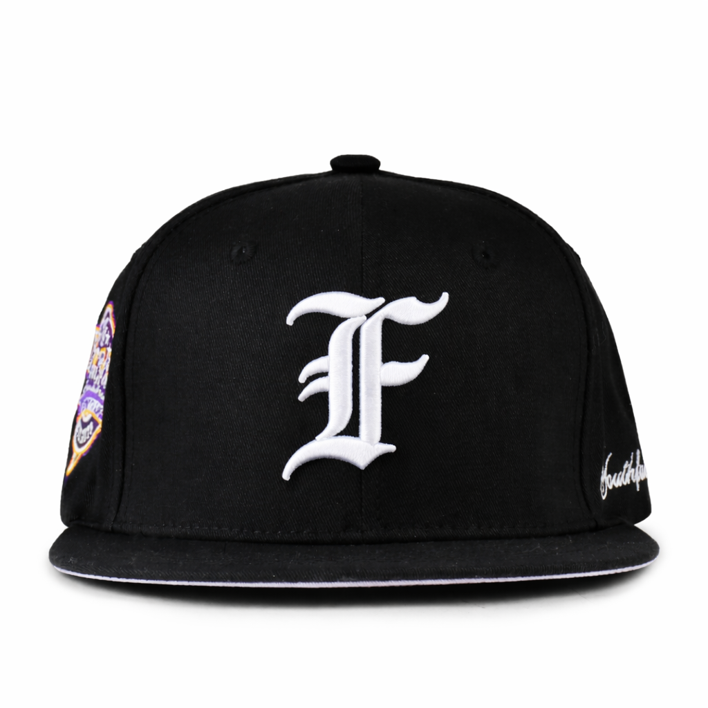 Black Flat Brim Snapback Cap with Gothic Letter Embroidery Street Style Hat