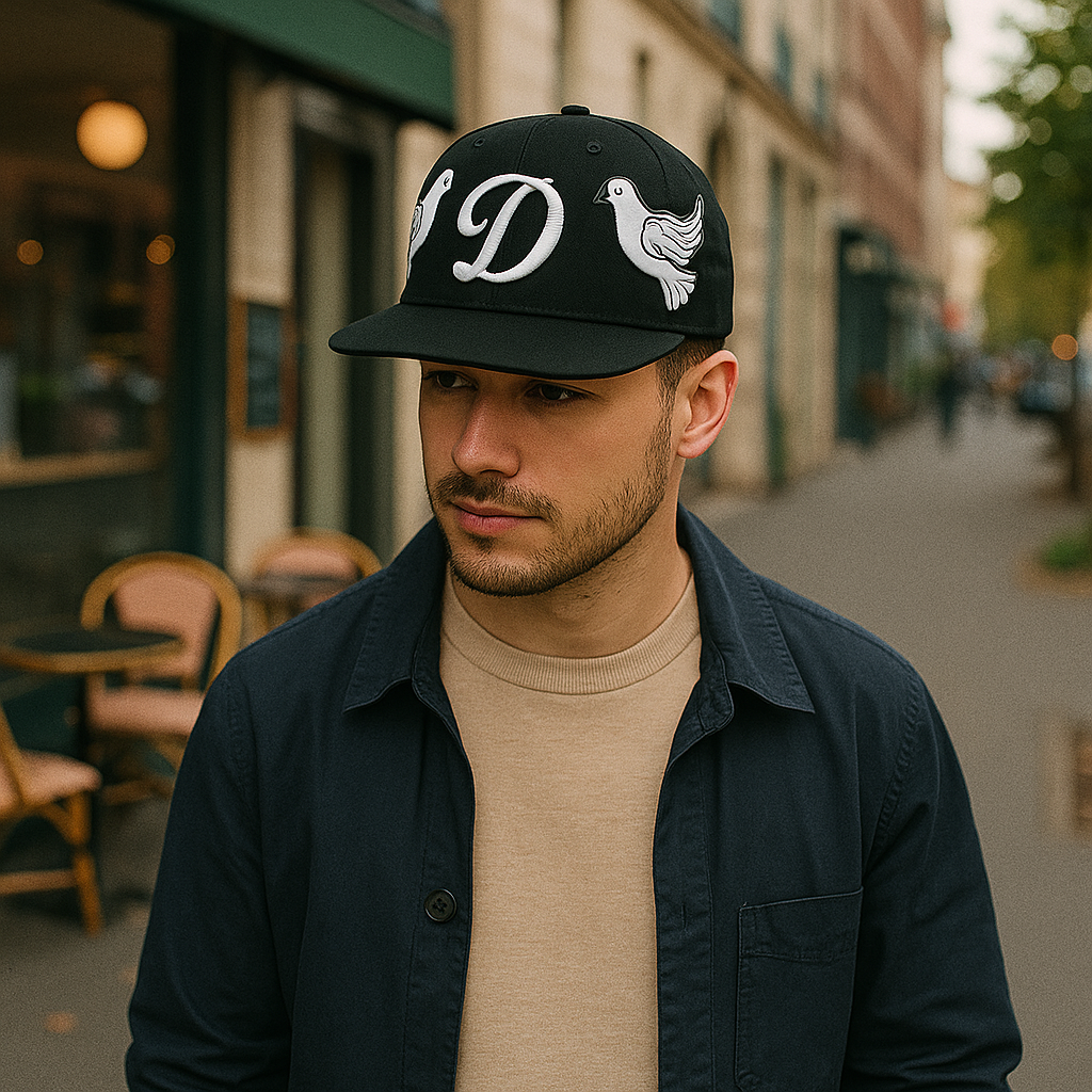 Black Snapback Cap with 3D “D” Embroidery and Flying Dove Patches – Streetwear Flat Brim Hat
