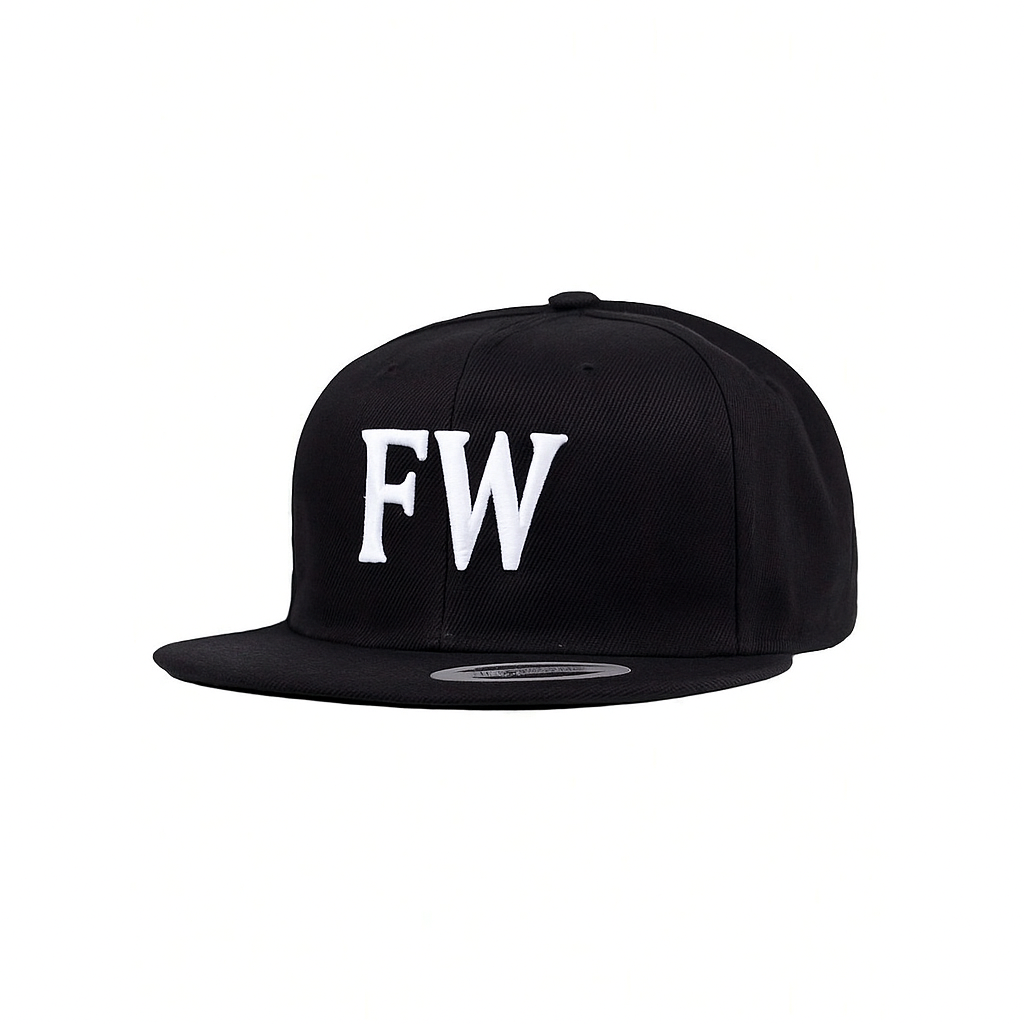 FW Letter Logo Snapback Hat – 3D Embroidered 6-Panel Black Cap