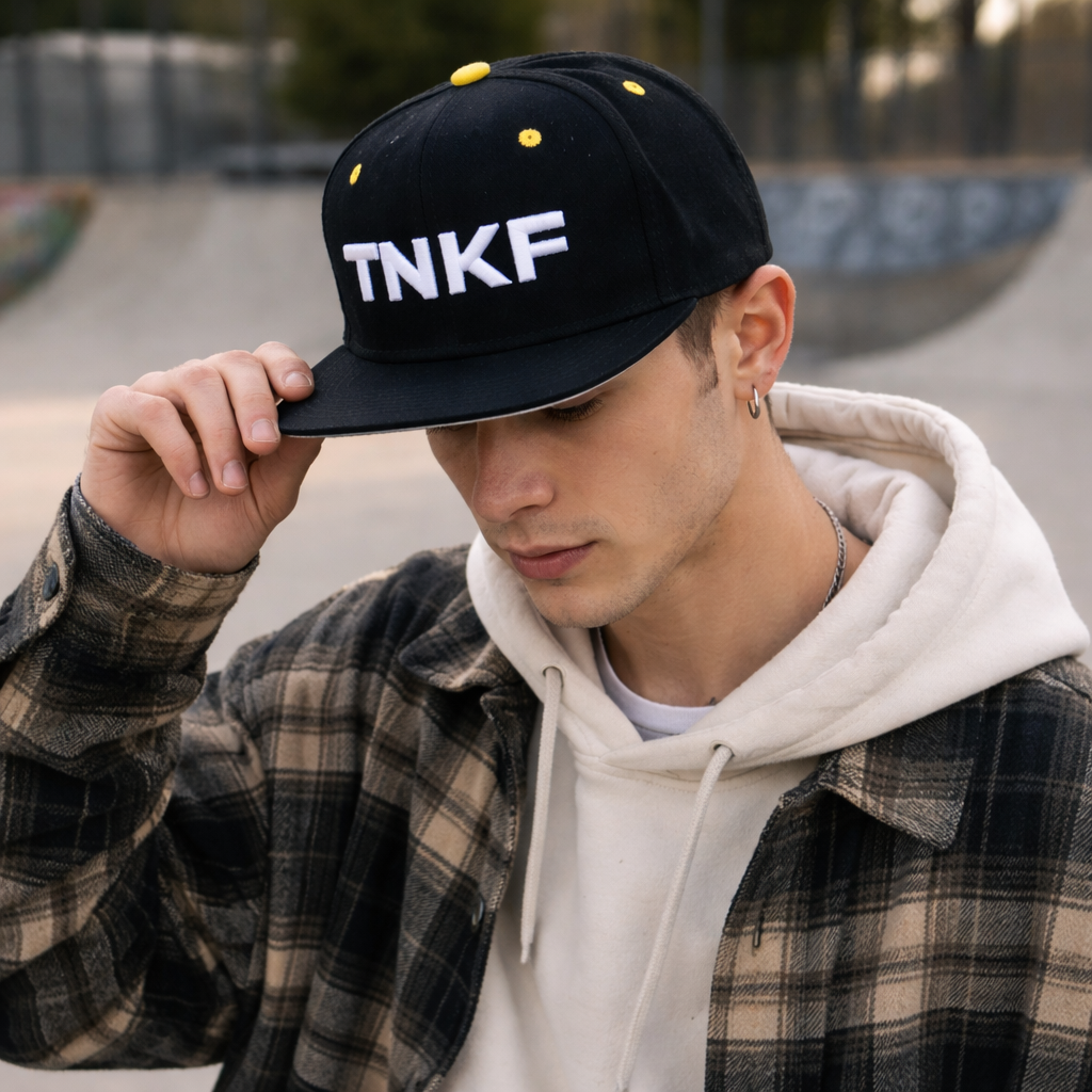 TNKF 3D Embroidered Black Snapback Cap – Street Style 6 Panel Hat