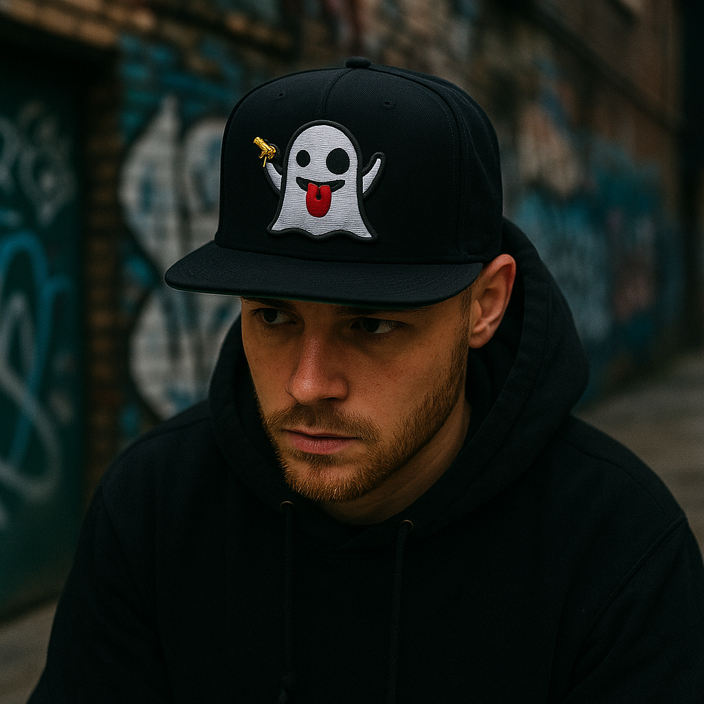 Ghost Emoji Cartoon Snapback Hat – 3D Embroidered Flat Brim Cap