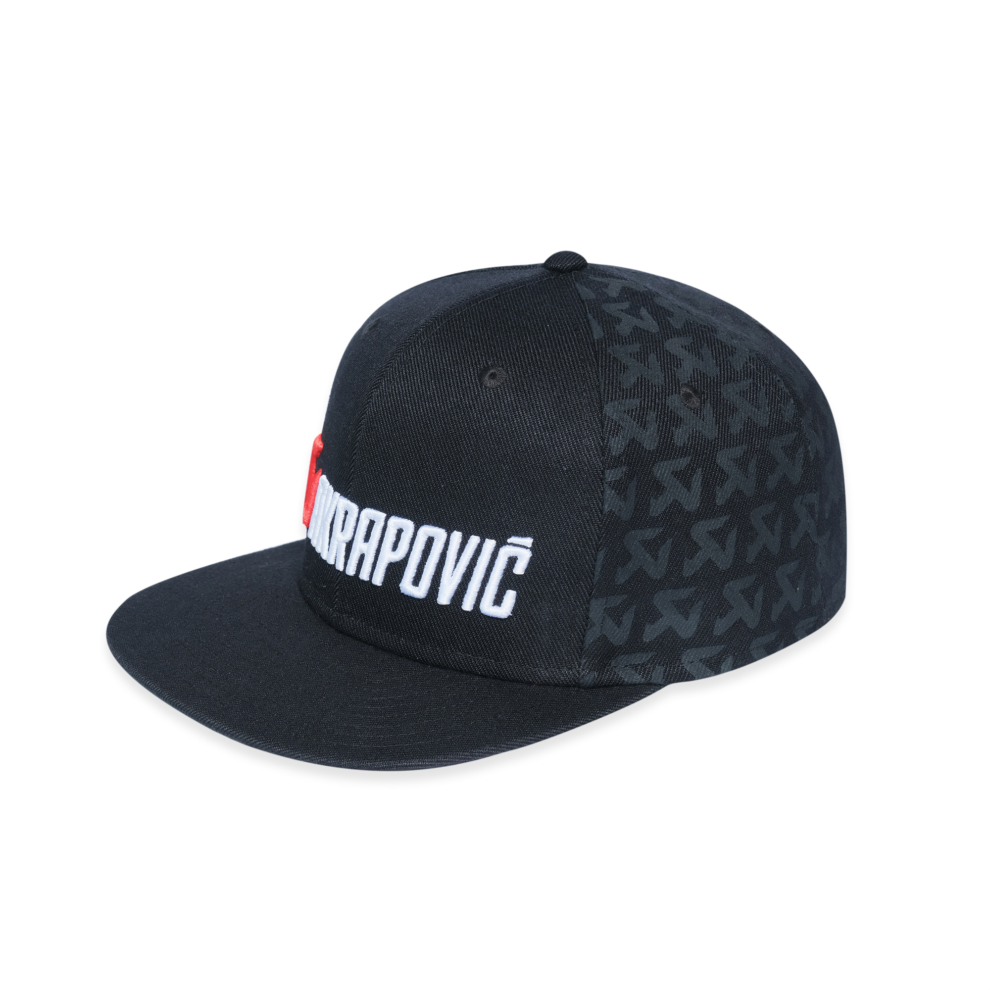 Black Flat Brim Cap with Red & White 3D Embroidery – 6 Panel Streetwear Snapback