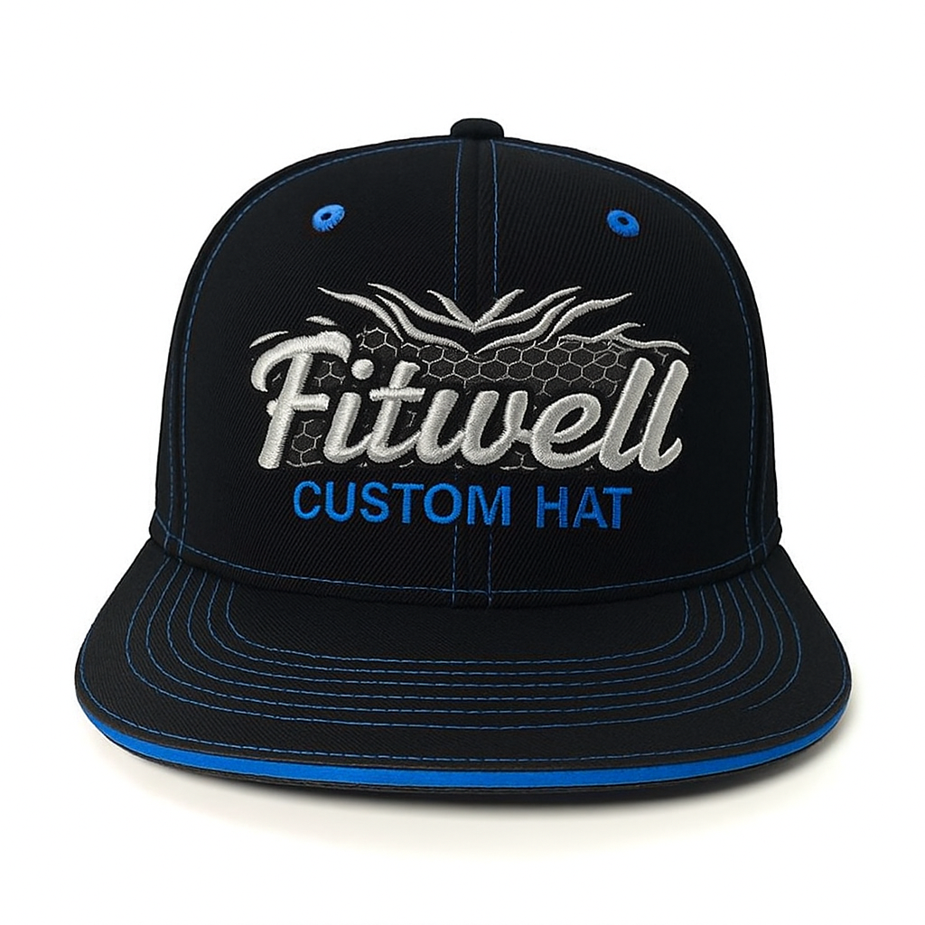 FITWELL Embroidered Cap – Blue Trim Flat Brim Snapback