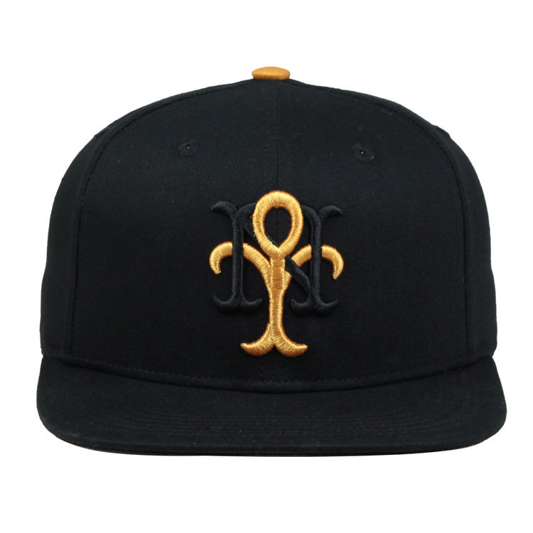 Black Flat Brim Monogram Embroidered Snapback Cap