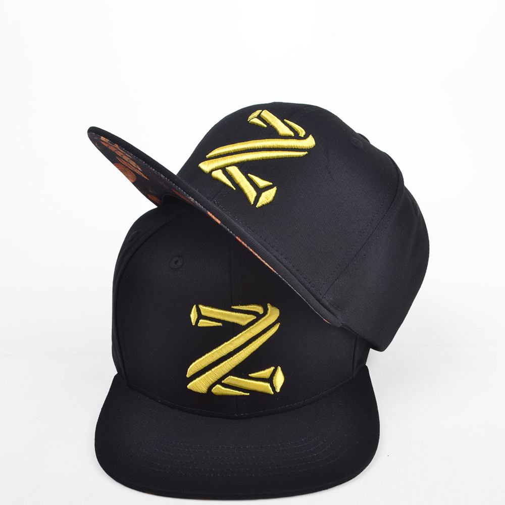 Black Snapback Hat with Yellow “NZ” 3D Embroidery – Custom Streetwear Flat Brim Cap