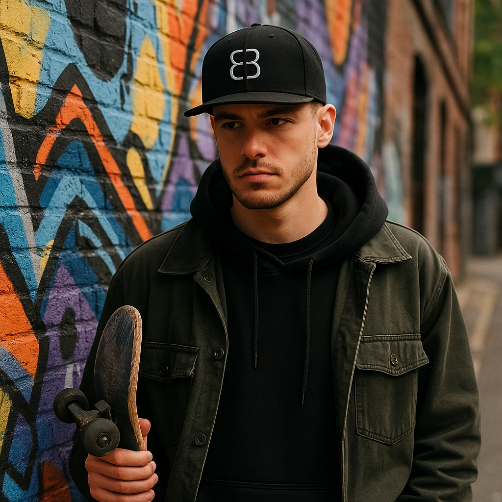 Black Snapback Hat with White B3 Logo – Custom Streetwear Flat Brim Cap