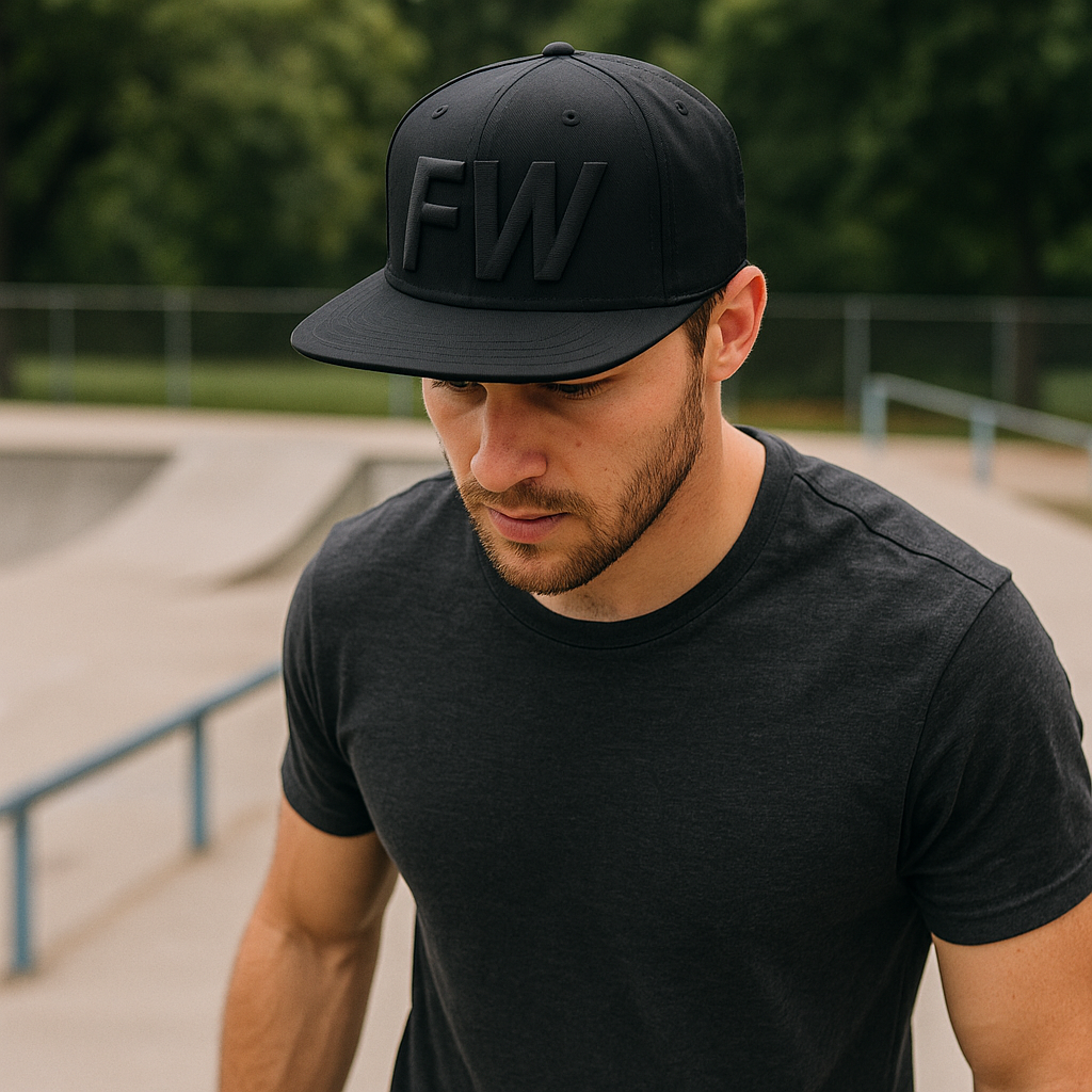 Premium All-Black Flat Brim Snapback Hat with Bold 3D Logo Embroidery