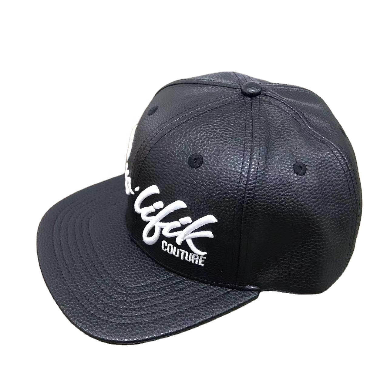 Black Faux Leather Snapback Hat with 3D Pro·lifik Embroidery