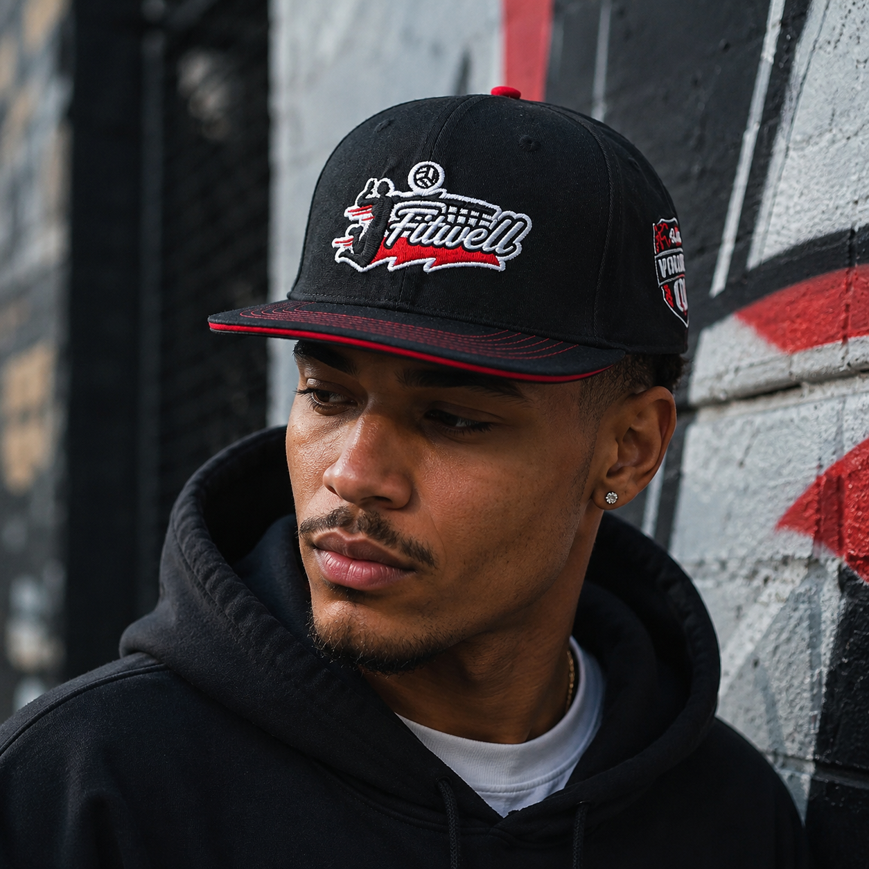 Black and Red Embroidered Flat Brim Snapback Cap