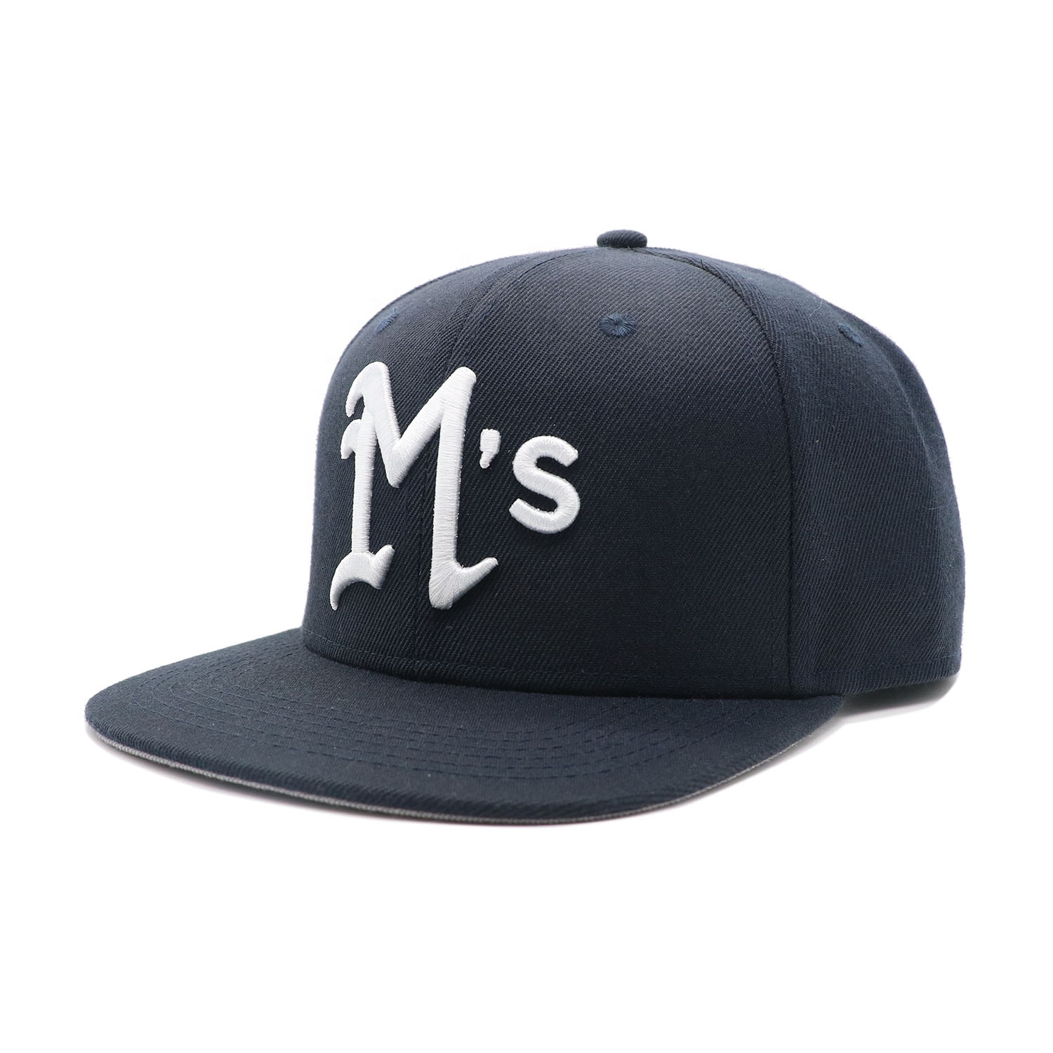 Navy Blue Letter Logo Snapback Cap – 3D Embroidered Flat Brim Hat