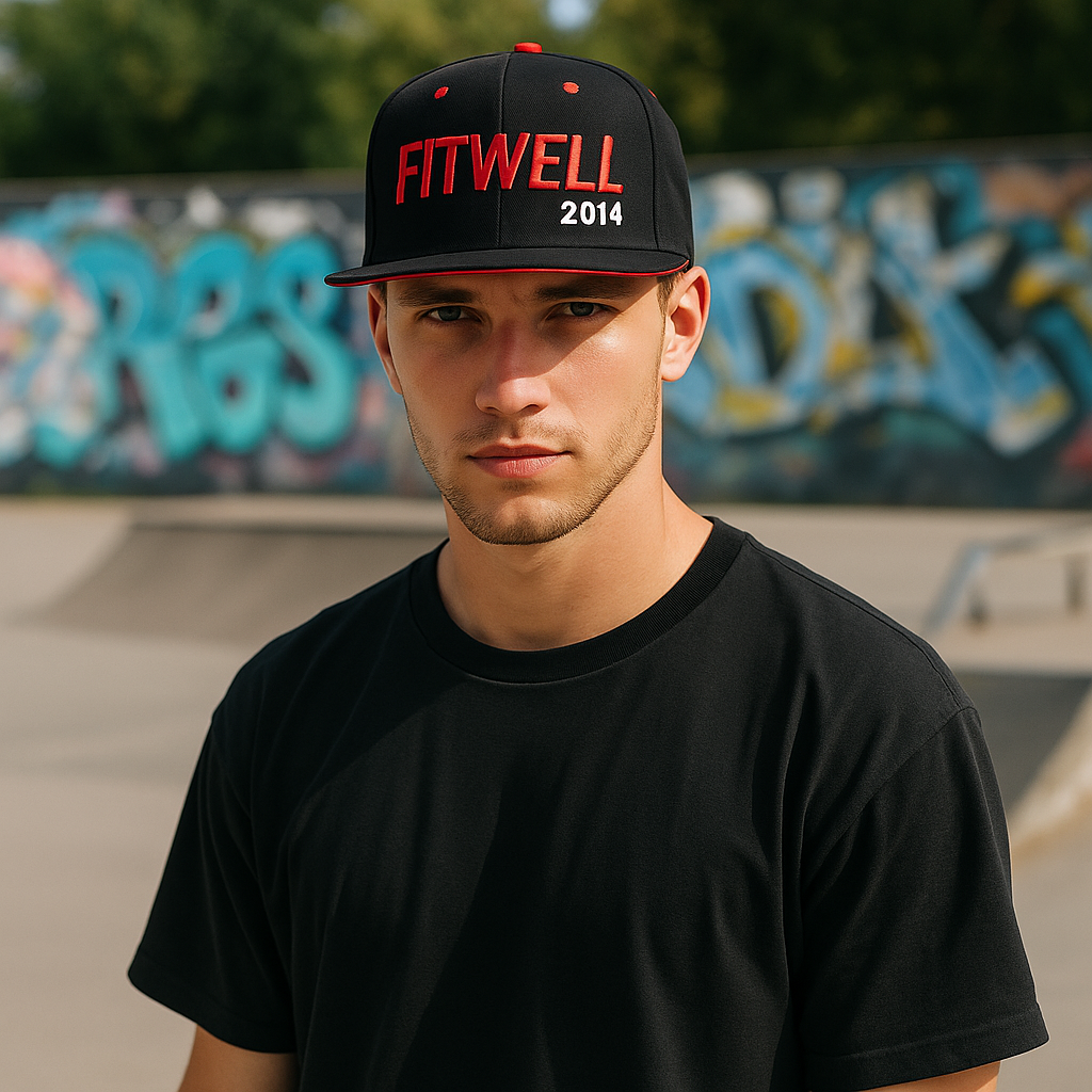 Fitwell 2014 Embroidered Snapback Hat - Red and Black Flat Brim