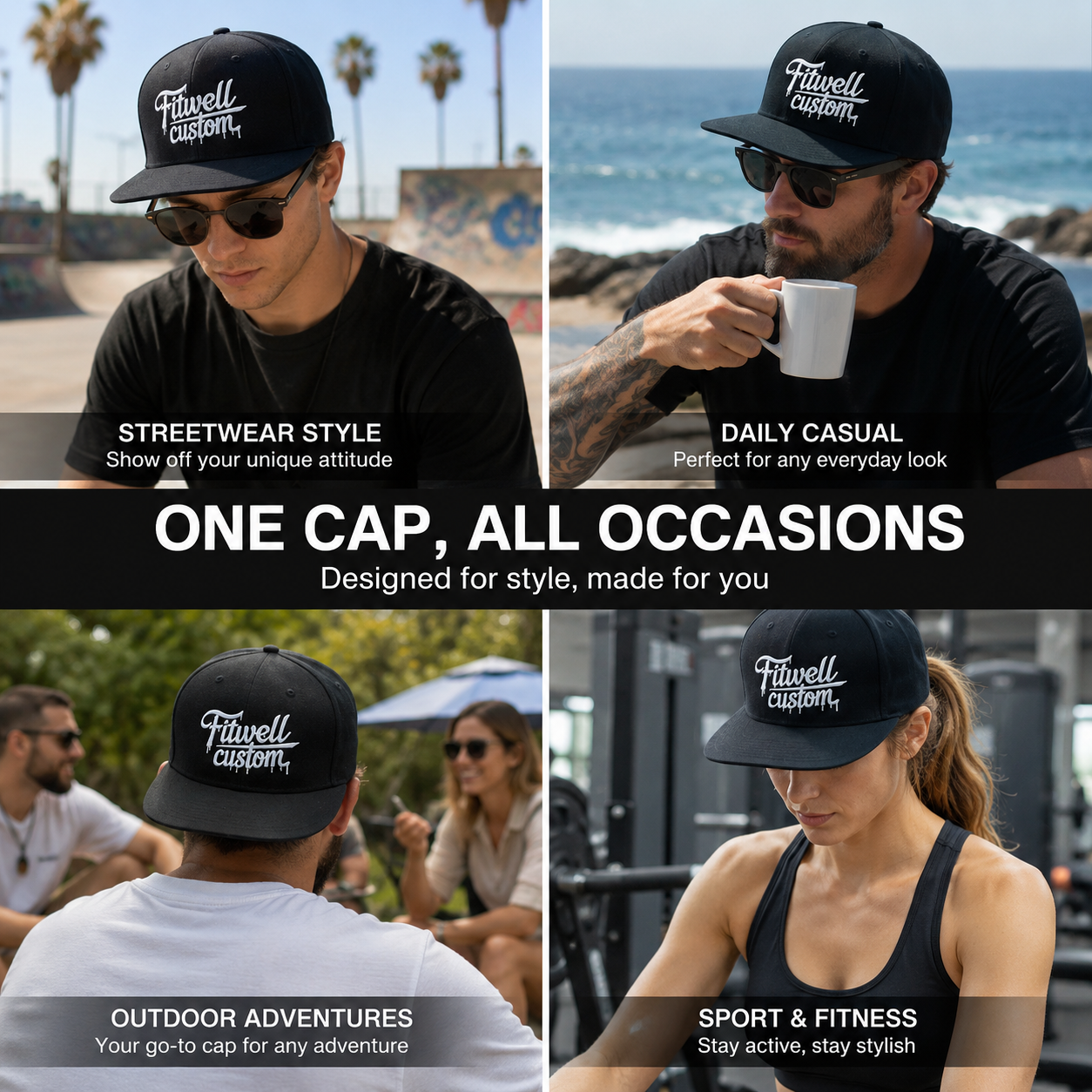 Black 6-Panel Flat Brim Snapback with 3D Embroidery