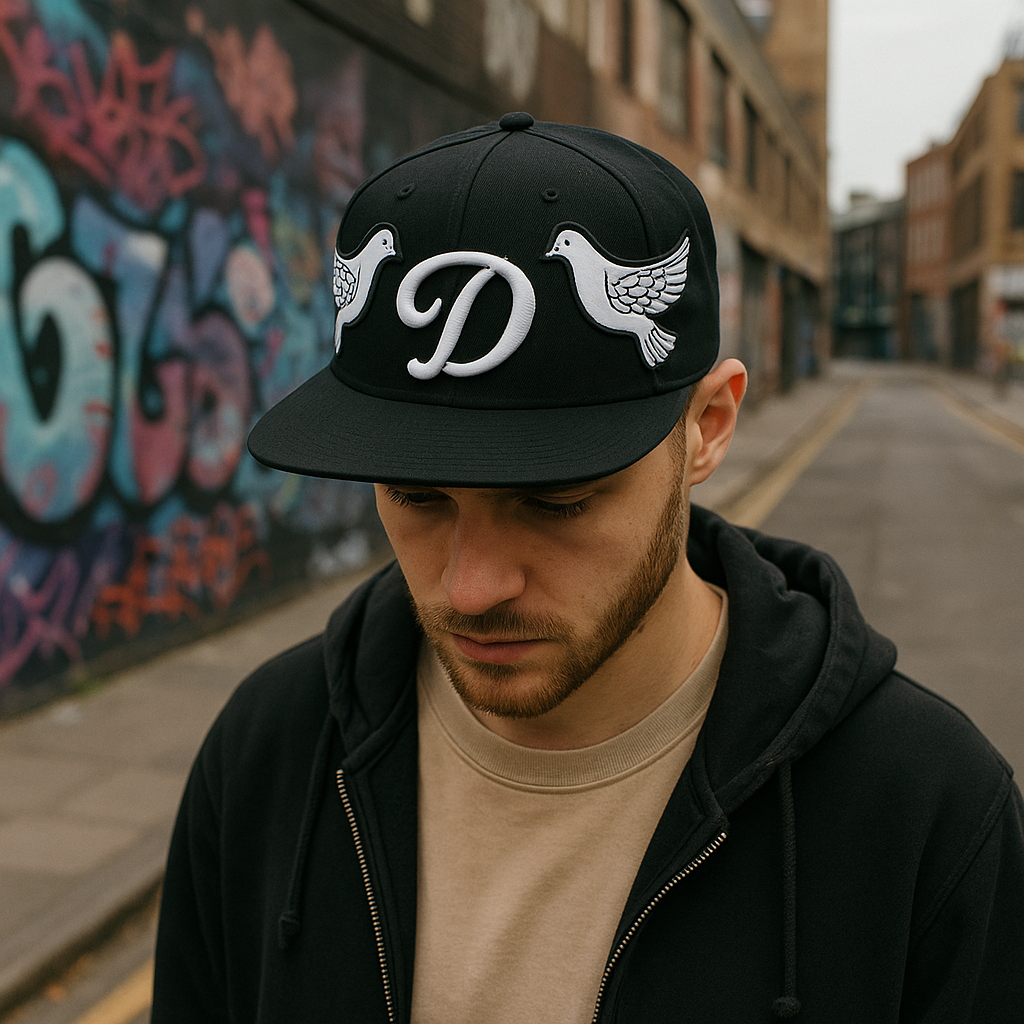 Black Snapback Cap with 3D “D” Embroidery and Flying Dove Patches – Streetwear Flat Brim Hat