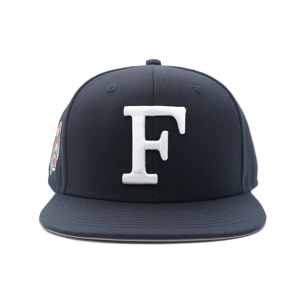 Navy Blue Letter Logo Snapback Cap – 3D Embroidered Flat Brim Hat