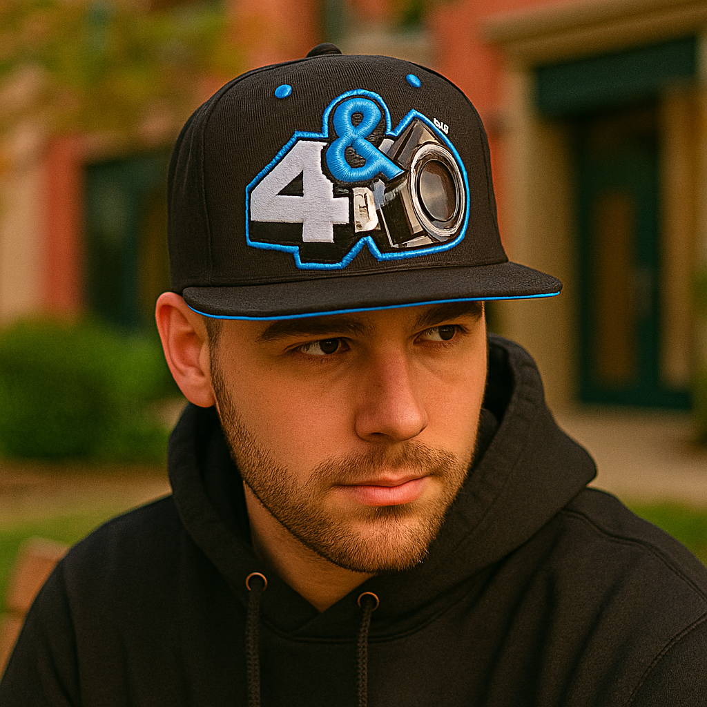 4&0 Graphic Snapback Hat with Blue 3D Embroidery – Black Edition