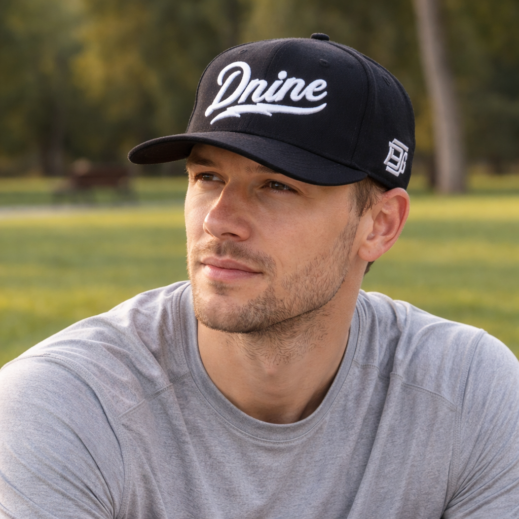 Dnine Black 3D Embroidered Flat Bill Snapback Cap