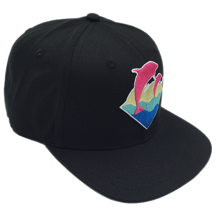Black Flat Brim Snapback Hat with Pink Dolphin 3D Embroidery