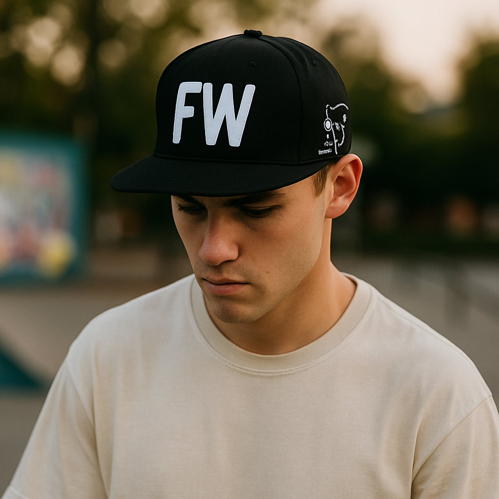 Black FW Embroidered 6‑Panel Snapback Hat