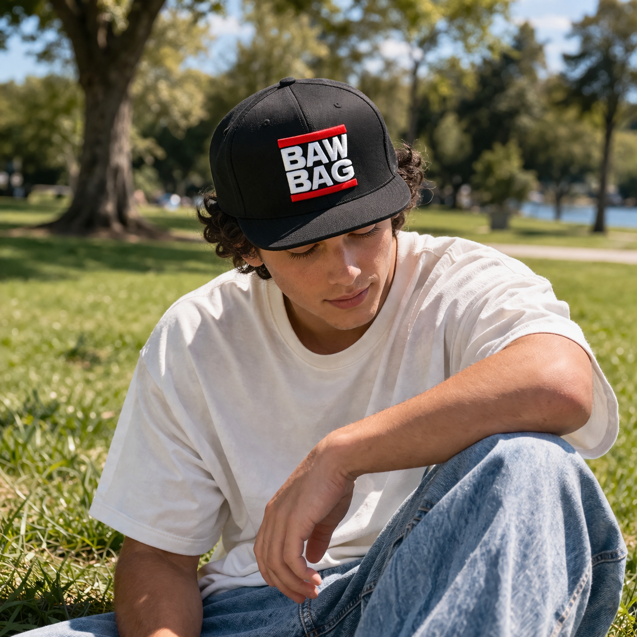 BAW BAG Black Flat Brim 3D Embroidered Snapback Cap