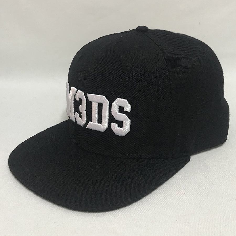 M3DS Embroidered Flat Brim Snapback Hat – Black 6-Panel Adjustable Cap