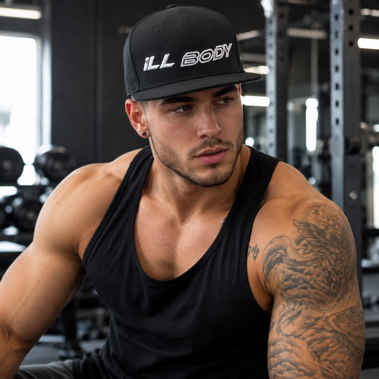 Black Flat Brim 6-Panel Snapback Cap with Raised Logo Embroidery