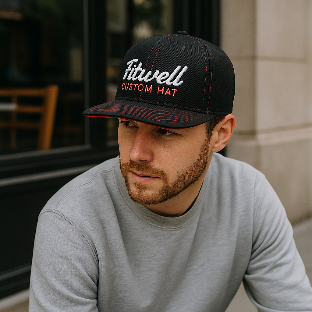 Fitwell Custom Red Stitch Flat Brim Cap with Embroidered Logo