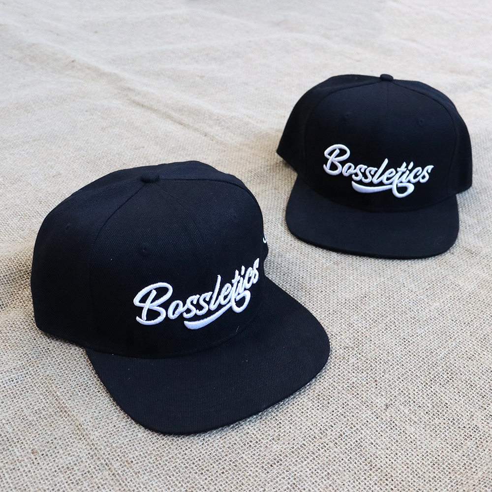Black 6-Panel Snapback Cap with Raised Script Logo Embroidery