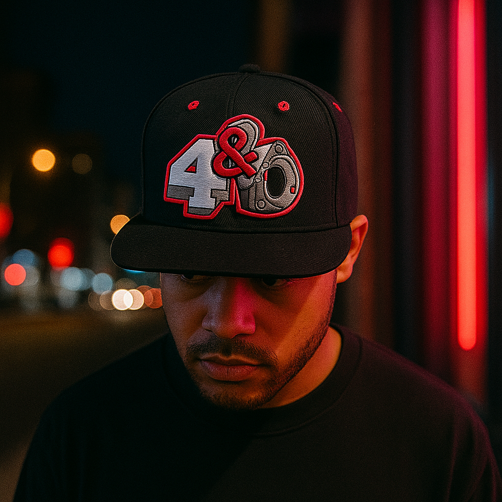 4&0 Snapback Hat with Red 3D Puff Embroidery – Black Speaker Edition