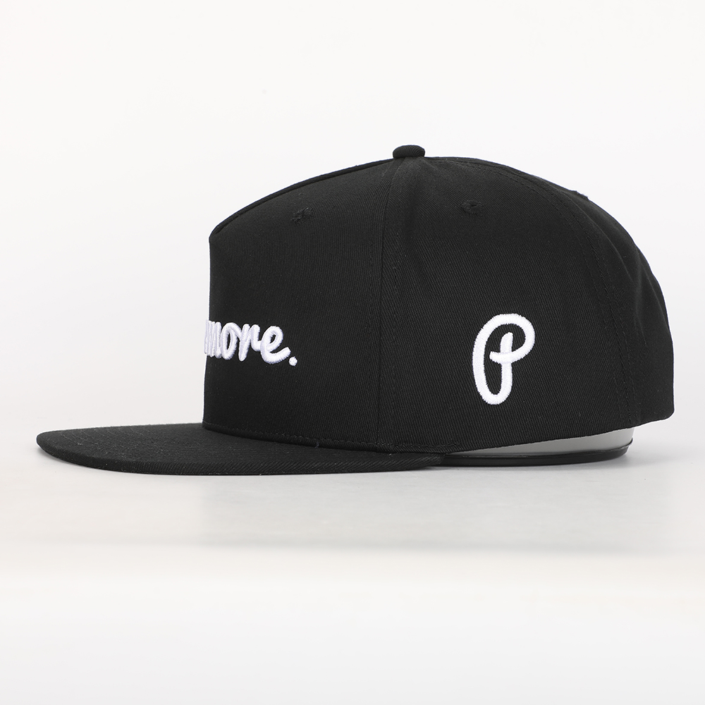Black Flat Brim Snapback Cap with Embroidered Script Logo