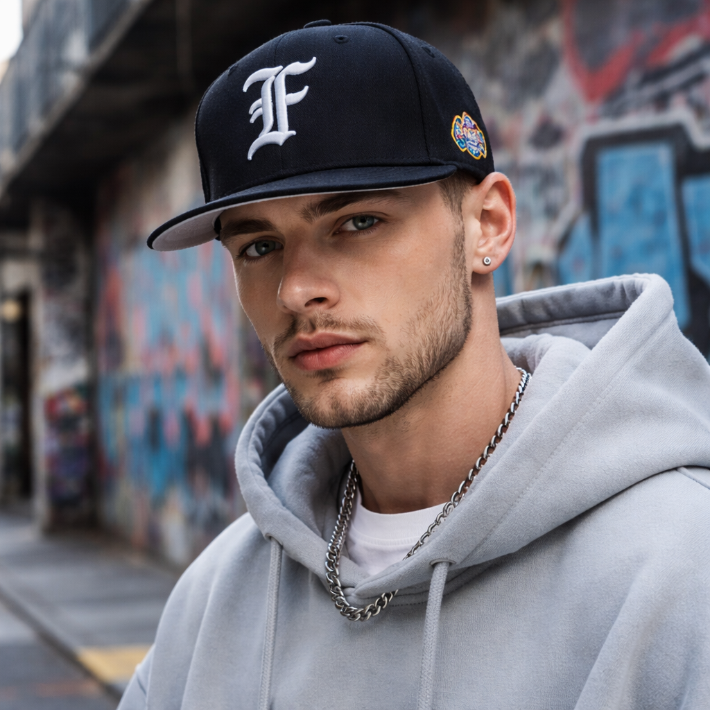 Black Flat Brim Snapback Cap with Gothic Letter Embroidery Street Style Hat