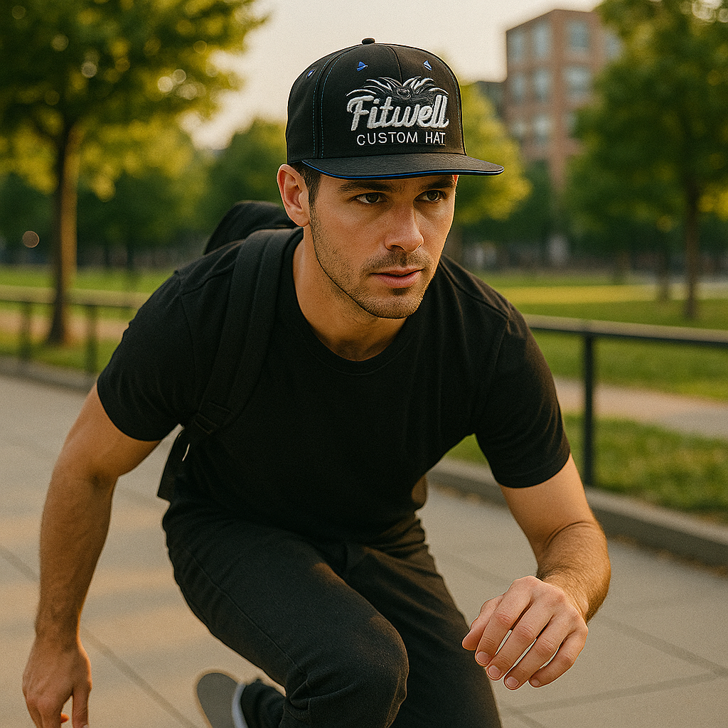 FITWELL Embroidered Cap – Blue Trim Flat Brim Snapback