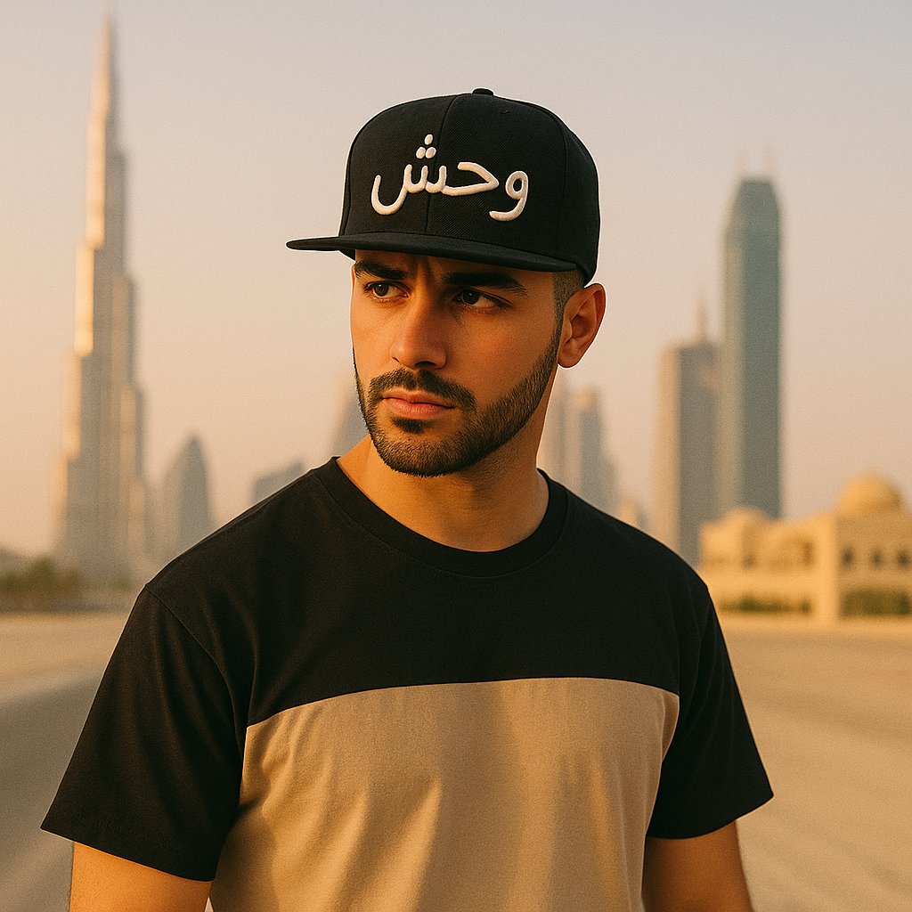 Black Arabic Embroidered Snapback Hat – “وحش” Streetwear Flat Brim Cap