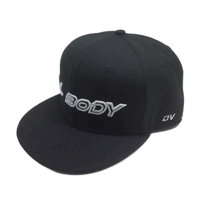 Black Flat Brim 6-Panel Snapback Cap with Raised Logo Embroidery