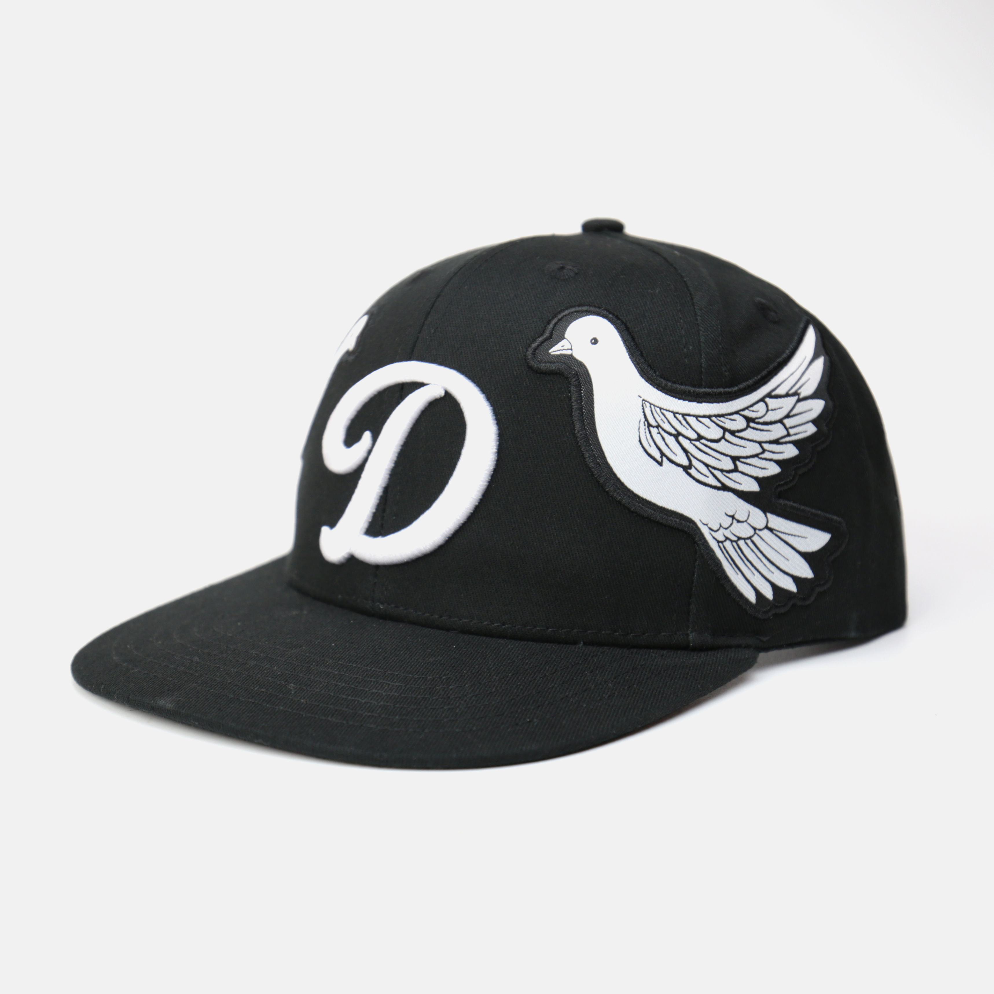 Black Snapback Cap with 3D “D” Embroidery and Flying Dove Patches – Streetwear Flat Brim Hat