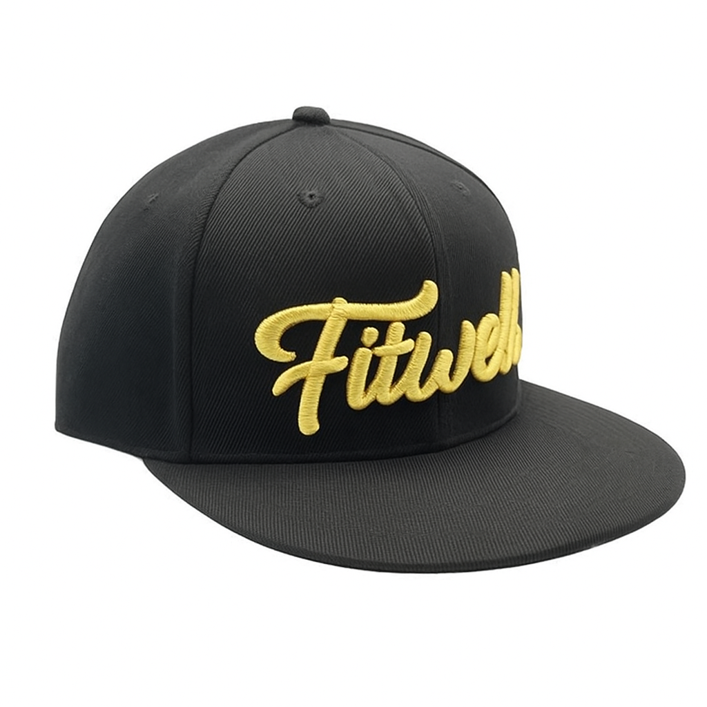 Fitwell Script Gold 3D Embroidery Snapback Hat – Black 6-Panel Cap