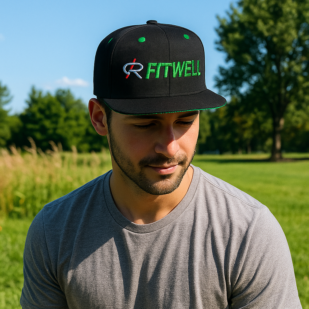 FITWELL Logo Embroidered Black Flat Brim Hat – Custom Green Detail Cap