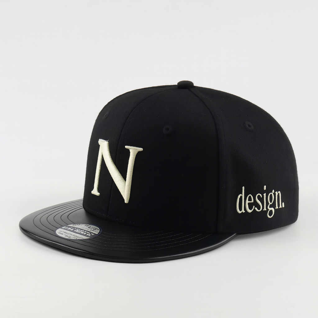 Custom N Design Embroidered Snapback – Black 6 Panel Flat Brim Hat
