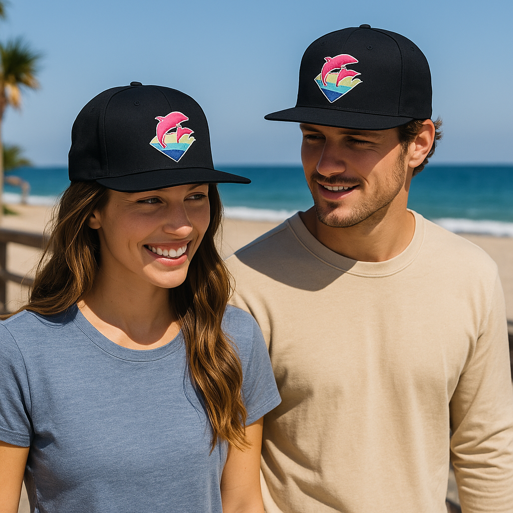 Black Flat Brim Snapback Hat with Pink Dolphin 3D Embroidery