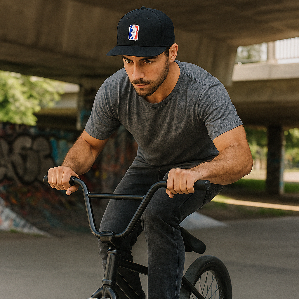 Bike Trick Embroidered Flat Brim Snapback Hat