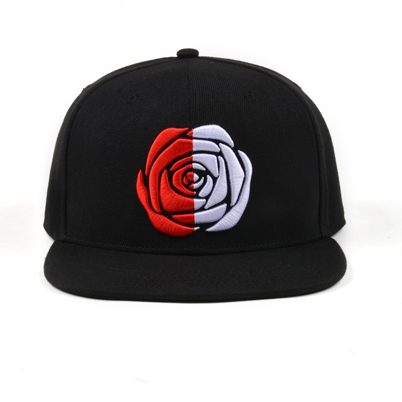 Black 6-Panel Snapback Cap with Bold Rose Embroidery