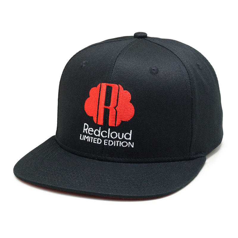Black Six-Panel Flat Brim Snapback Cap with Redcloud Embroidery