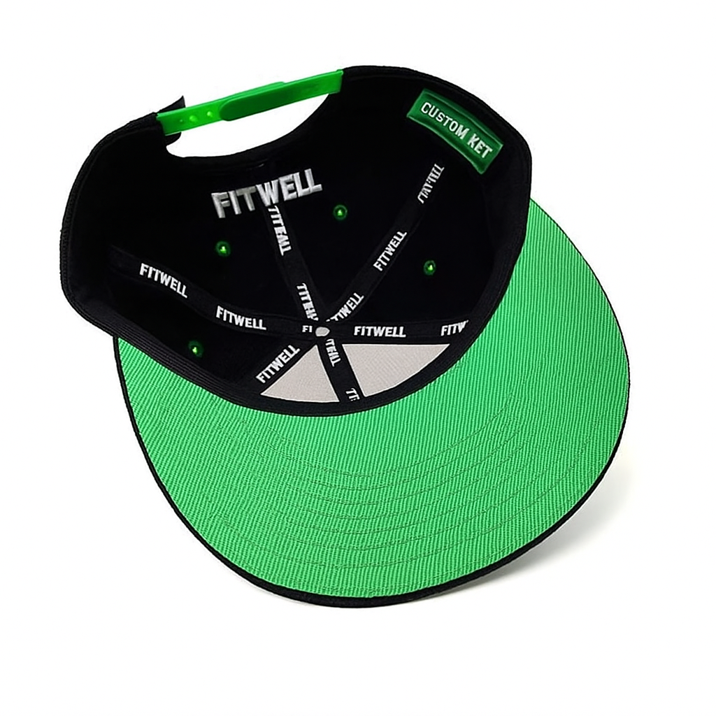 FITWELL Logo Embroidered Black Flat Brim Hat – Custom Green Detail Cap