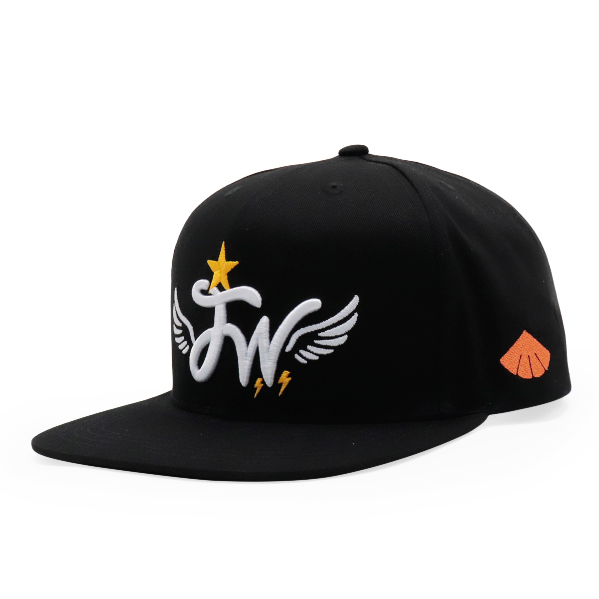 Black Six-Panel Flat Brim Snapback with Winged Monogram Embroidery