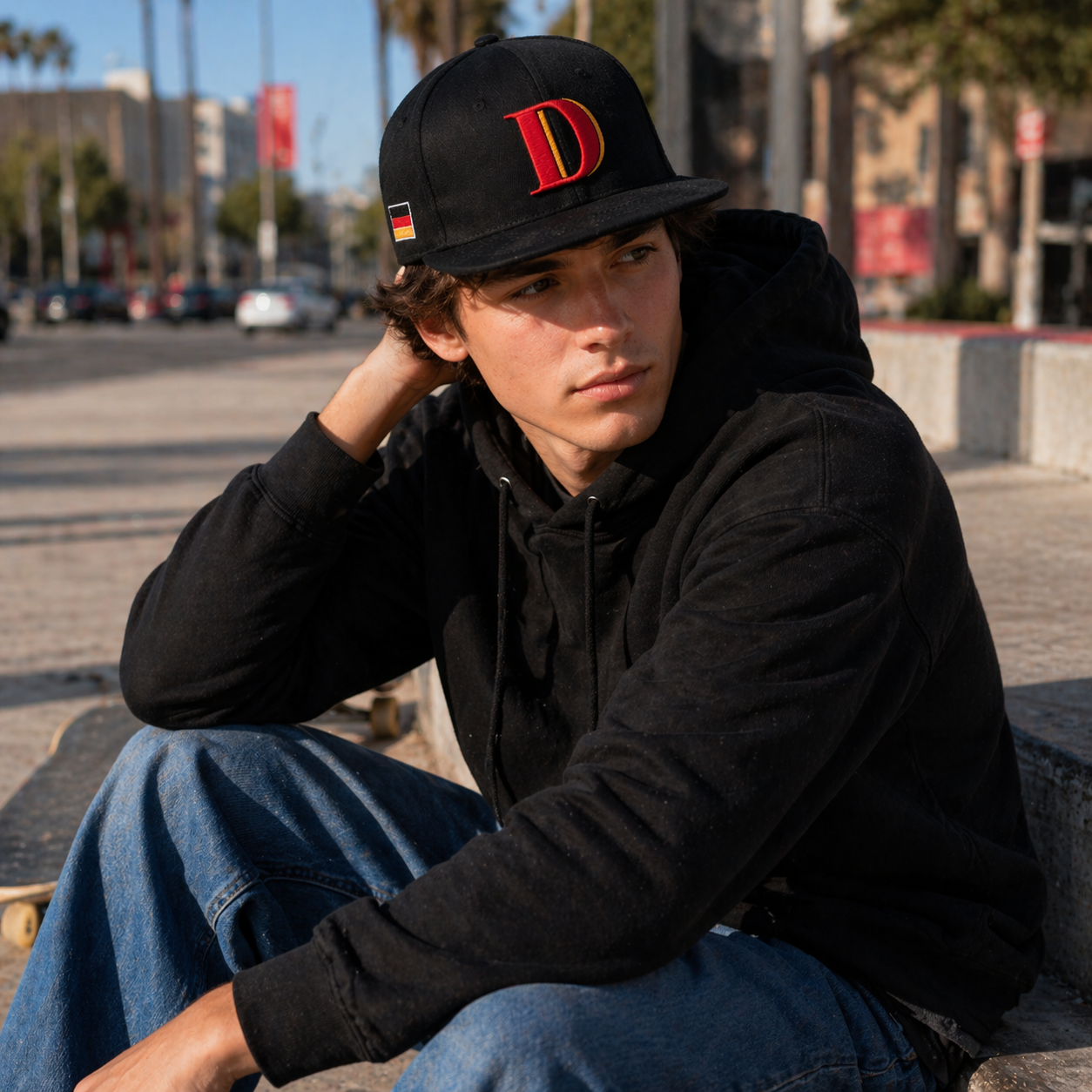 Black Flat Brim Snapback Cap with Bold Letter D 3D Embroidery Logo