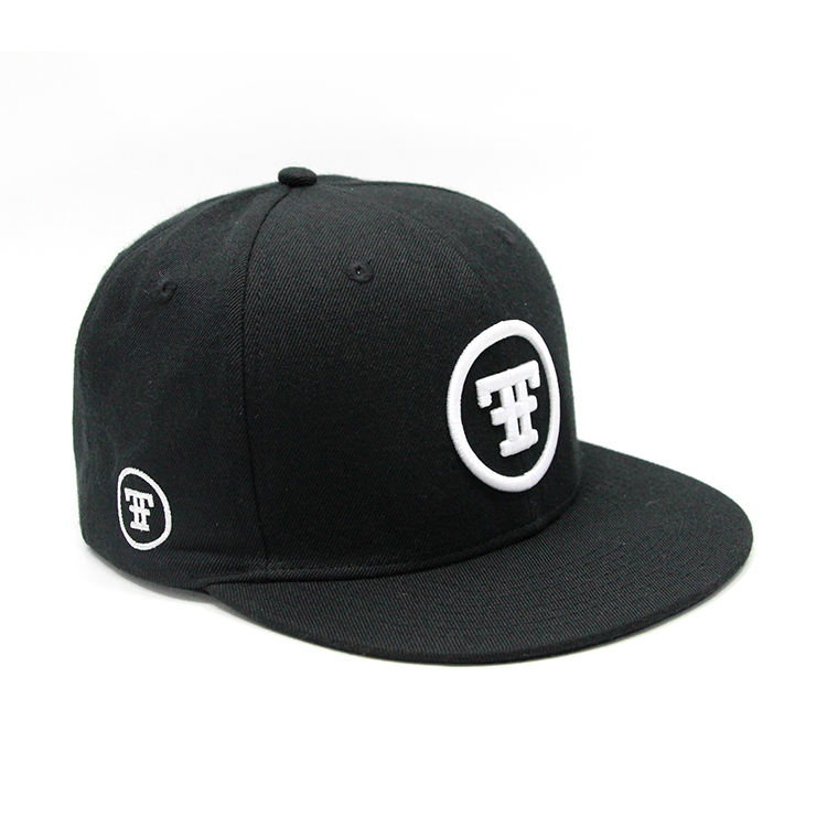 Black Flat Brim Snapback Hat with 3D Circle Logo Embroidery