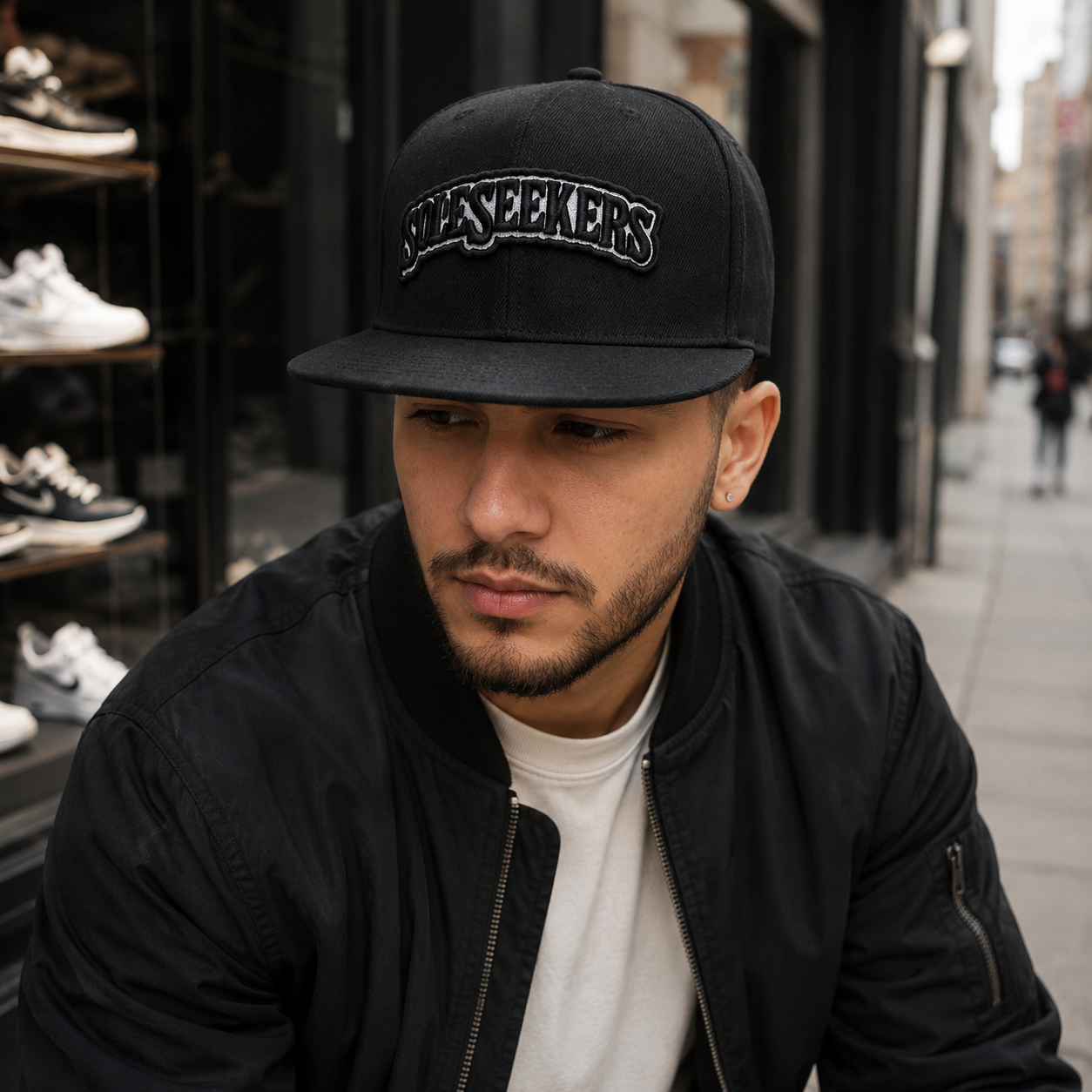Black 6-Panel Snapback Hat with Raised Sole Seekers Embroidery