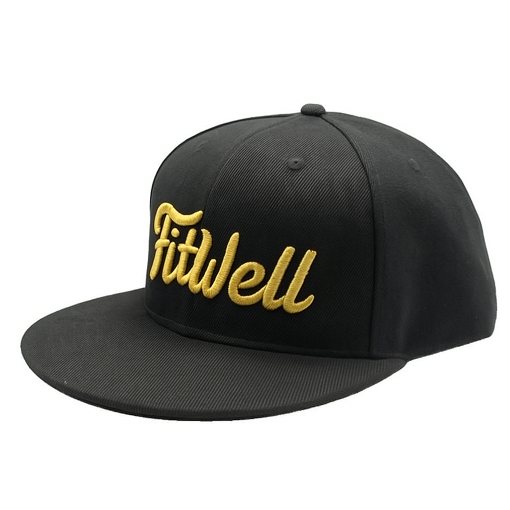 Fitwell Script Gold 3D Embroidery Snapback Hat – Black 6-Panel Cap