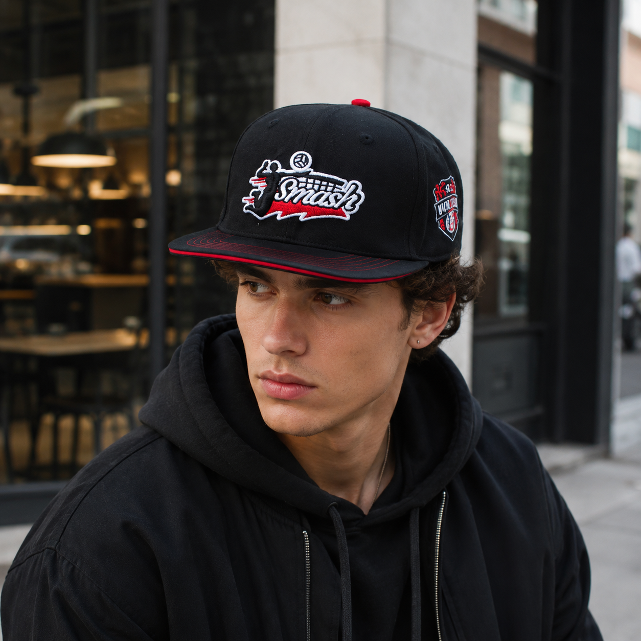 Black and Red Embroidered Flat Brim Snapback Cap
