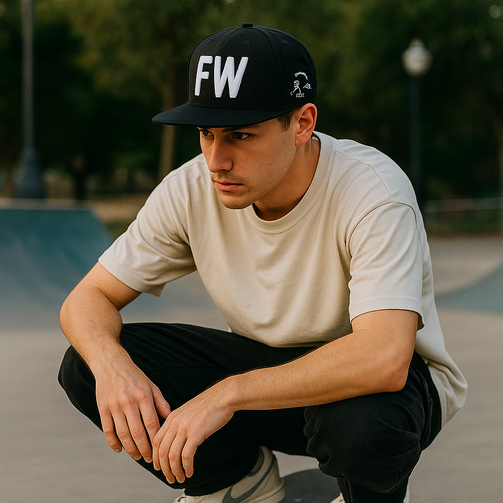 Black FW Embroidered 6‑Panel Snapback Hat